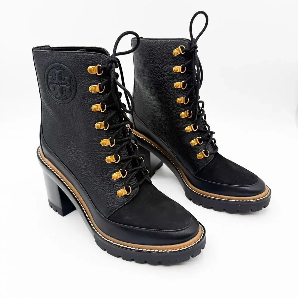 Tory Burch Miller Leather Lace Up Boots Lug Sole Black Leather Size 10
